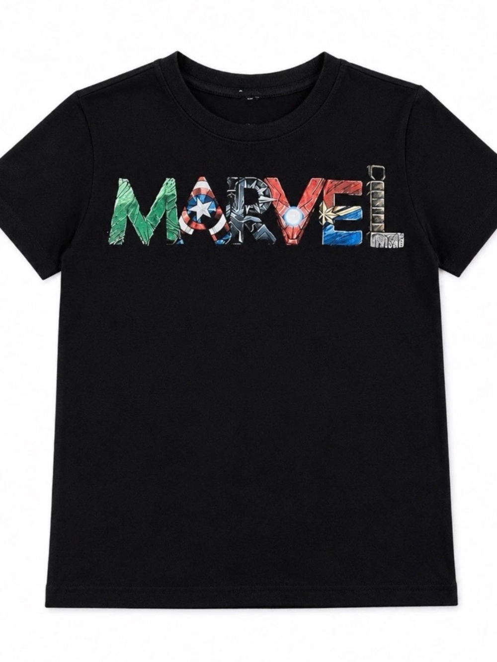 Marvel boys short sleeve graphic T-shirt in black featuring a colorful “MARVEL”